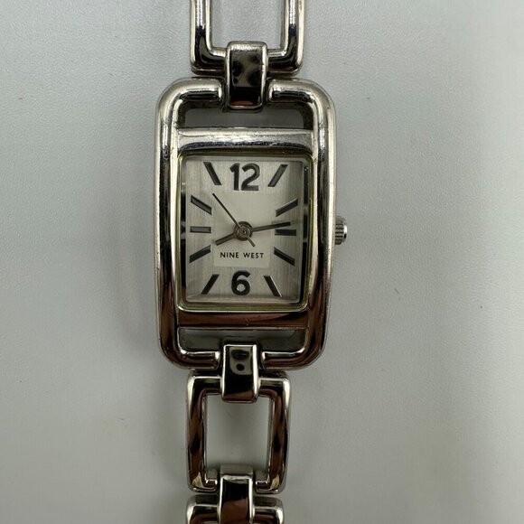 3/$30 Nine West Watch Women Silver Tone Rectangle Dial Open Link Band Working - Picture 1 of 14